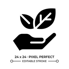 Obraz premium Hand holding sprout glyph ui icon. Nature care and eco friendly industry. Agriculture business support. Black solid silhouette symbol vector. User interface element isolated, pixel perfect