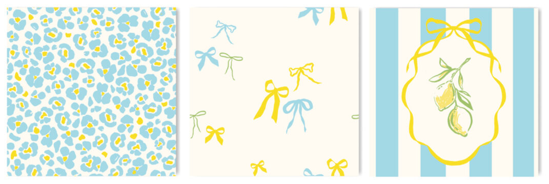Set of cute seamless patterns of multicolored bows, leopard abstract print on a light background. Mediterranean naive illustration set, frame with lemons and ribbon