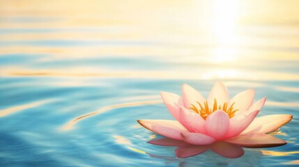 Pink lotus flower floats on calm water at sunrise