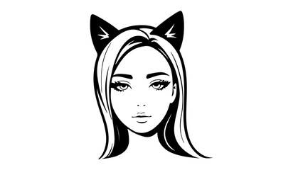 cute girl face silhouette art with animal ears vector illustration black and white