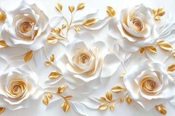 White roses gold leaves wall decor floral background