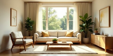 Serene Living Room with Natural Light and Minimalist Decor Featuring a Comfortable Sofa and Armchair