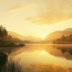 Fototapeta premium Serene Dawn Landscape: Tranquil Lake with Mist and Golden Sunlight - A Captivating Nature Scene