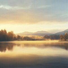 Serene Dawn Landscape: Tranquil Lake with Mist and Golden Sunlight - A Captivating Nature Scene