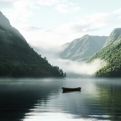 Obraz premium Tranquil Lake Landscape: Morning Mist Over Lush Mountains with a Canoe Drift