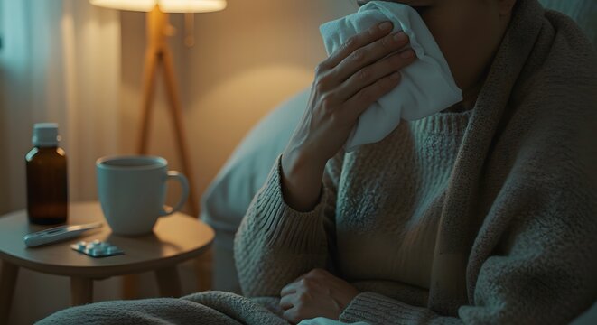 Sick Person at Home Feeling Unwell with Cold