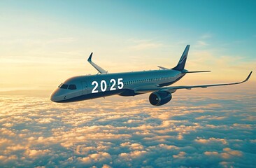 Fototapeta premium Uplifting 2025 travel concept. Airplane soars in pale blue sky. Ideal for new year promotions, future vision presentations, minimalist design projects. Serene, spacious, hopeful mood.