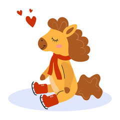 Cute pony skating on ice with hearts in a joyful winter activity. Horse in love on the skating rink.