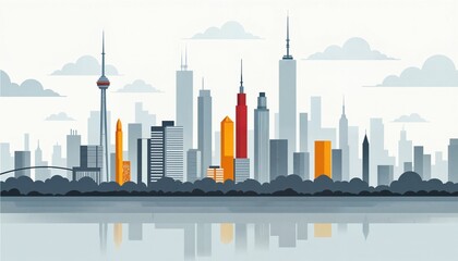 Fototapeta premium Vibrant City Skyline with Reflective Water - Modern Architecture Illustration