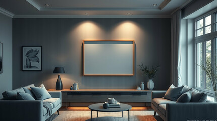 Elegant and serene living room interior with cozy atmosphere and soft lighting