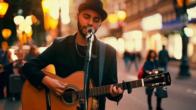 Street musician performs soulful acoustic set in vibrant downtown district at twilight