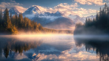 Tranquil Lake Reflection: Serene Morning Scene with Snow-Capped Peaks and Rising Mist