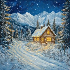 Cozy Wooden Cabin in Serene Winter Landscape: Snow-Covered Pines and Golden Light