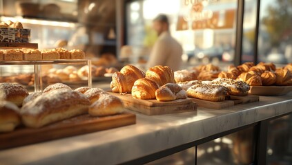 Delicious Bakery Croissants and Pastries Showcase Golden Hour Light, Freshly Baked Breads and Sweet Treats