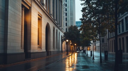 Federal Reserve building on a quiet street during dusk. Featuring financial stability and economic growth