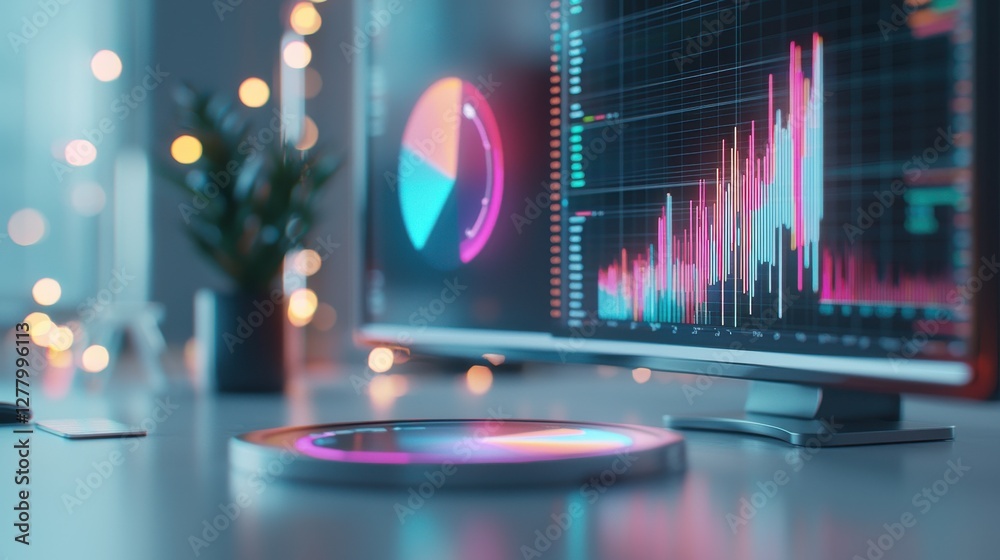 Poster financial data analysis and market trends displayed on a computer screen with charts and graphs