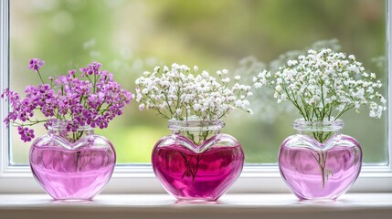 Fototapeta premium Three heart-shaped vases with pink, white and purple flowers on windowsill