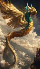 Obraz premium Quetzalcoatl, the Aztec feathered serpent god, coils through the sky, his brilliant plumage shimmering in the sunlight. He bridges the heavens and the earth
