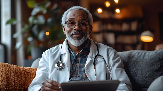 Compassionate Care: A senior doctor with glasses and a stethoscope gazes confidently, holding a tablet, creating a comforting presence, evoking trust and expertise.