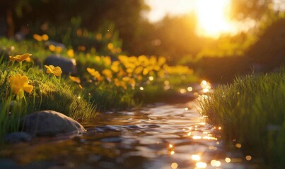 Serene stream flowing through a vibrant meadow filled with yellow flowers at sunset