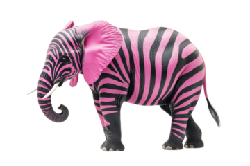 Unique elephant displays zebra-like stripes in vibrant pink and black colors, showcasing a playful characteristic in an enchanting wildlife setting