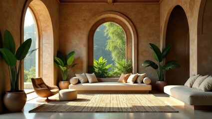Fototapeta premium Serene Interior Design with Lush Greenery and Natural Light Featuring a Low-Slung Sofa
