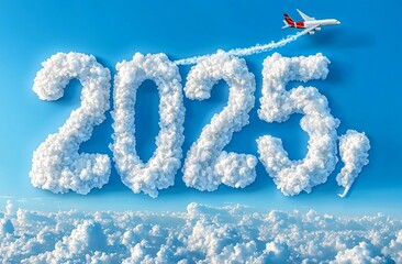 Naklejka premium Vision 2025 concept. Airplane vapor trail draws '2025' in sunny blue sky with fluffy clouds. Uplifting image for future, business, new year, travel themes. Copy space for text.