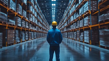 Warehouse Visionary: An individual stands amidst the organized chaos of a vast warehouse, their gaze fixed on the future of operations, symbolizing logistics, efficiency, and global supply chains.