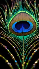 Naklejka premium Vibrant Peacock Feather in Close-up with Black Background