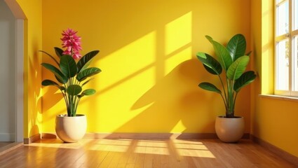 Fototapeta premium Bright Yellow Room Interior with Two Potted Plants and Sunlight Streaming Through Window