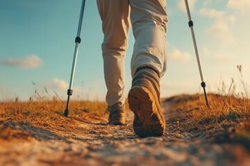 Hiker Walking on Scenic Trail with Nature Surrounding in Evening Light