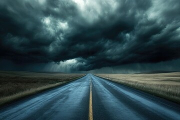 Fototapeta premium Empty Road Under Stormy Sky, Heading Into Darkness