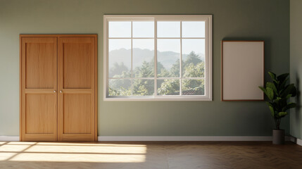 Fototapeta premium serene interior featuring vintage wooden doors, large window with scenic view, and minimalist wall frame