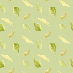 Seamless watercolor pattern with soft green leaves, featuring hand-painted organic shapes. Perfect for eco-friendly designs, natural packaging, or botanical projects. Fresh, delicate repeat texture.