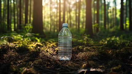 Fototapeta premium Plastic Water Bottle in Forest Sunlight Promoting Hydration and Ecology