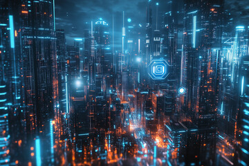 Obraz premium Futuristic Cityscape Featuring Advanced Holographic Technology and AI Interaction – A Vision of Tomorrow’s Smart Urban Life