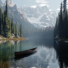 Tranquil Mountain Lake: Reflective Waters and Snow-Capped Peaks Surrounded by Dense Forests