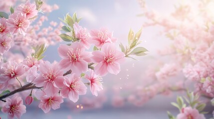 Obraz premium Blossoming pink cherry blossoms in sunlit springtime setting