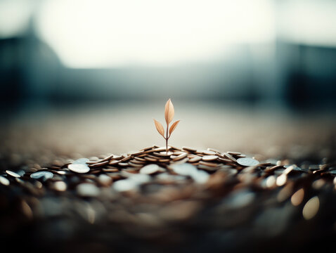 Tiny sprout rising from a bed of coins, illuminated by warm sunlight, evoking concepts of economic hope and financial resilience.