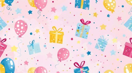 Birthday Party Seamless Pattern with Balloons and Presents