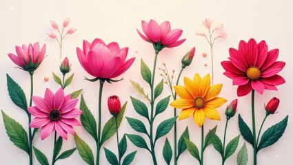 Obraz premium Vibrant Floral Arrangement of Paper Flowers in a Row, Featuring Delicate Pink, Bold Red, and Sunny Yellow Blooms with Lush Green Foliage