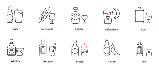 Vector Icons Set - Lager, Barleywine, Cognac, Hefeweizen, Stout, Whiskey, Absinthe, Scotch, Saison, Gin