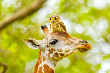 Fototapeta premium Owl Sitting on Giraffe’s Head