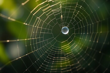 Fototapeta premium Stunning Vibrant Spiderweb Adorned with Glistening Dewdrops Sparkling in Soft Natural Light