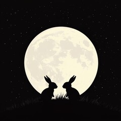 Silhouetted rabbits beneath full moon at night