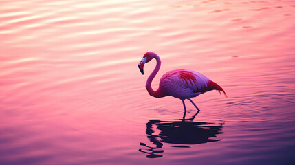 Fototapeta premium Elegant flamingo standing on water at sunrise, vibrant pink plumage reflecting in calm surface, serene natural beauty.