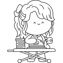 a vector of a girl ironing laundry in black and white coloring