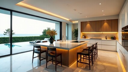 Modern kitchen island with ocean view and minimalist design