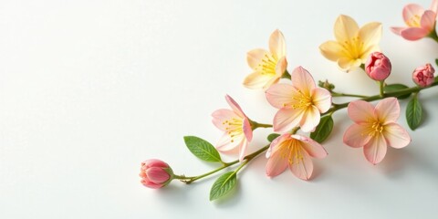Obraz premium Delicate pastel blossoms arranged on a pristine white background, showcasing their graceful petals and vibrant centers, creating a serene and elegant floral composition.