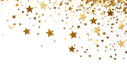 Gold stars confetti scattered on white background, celebration, design element